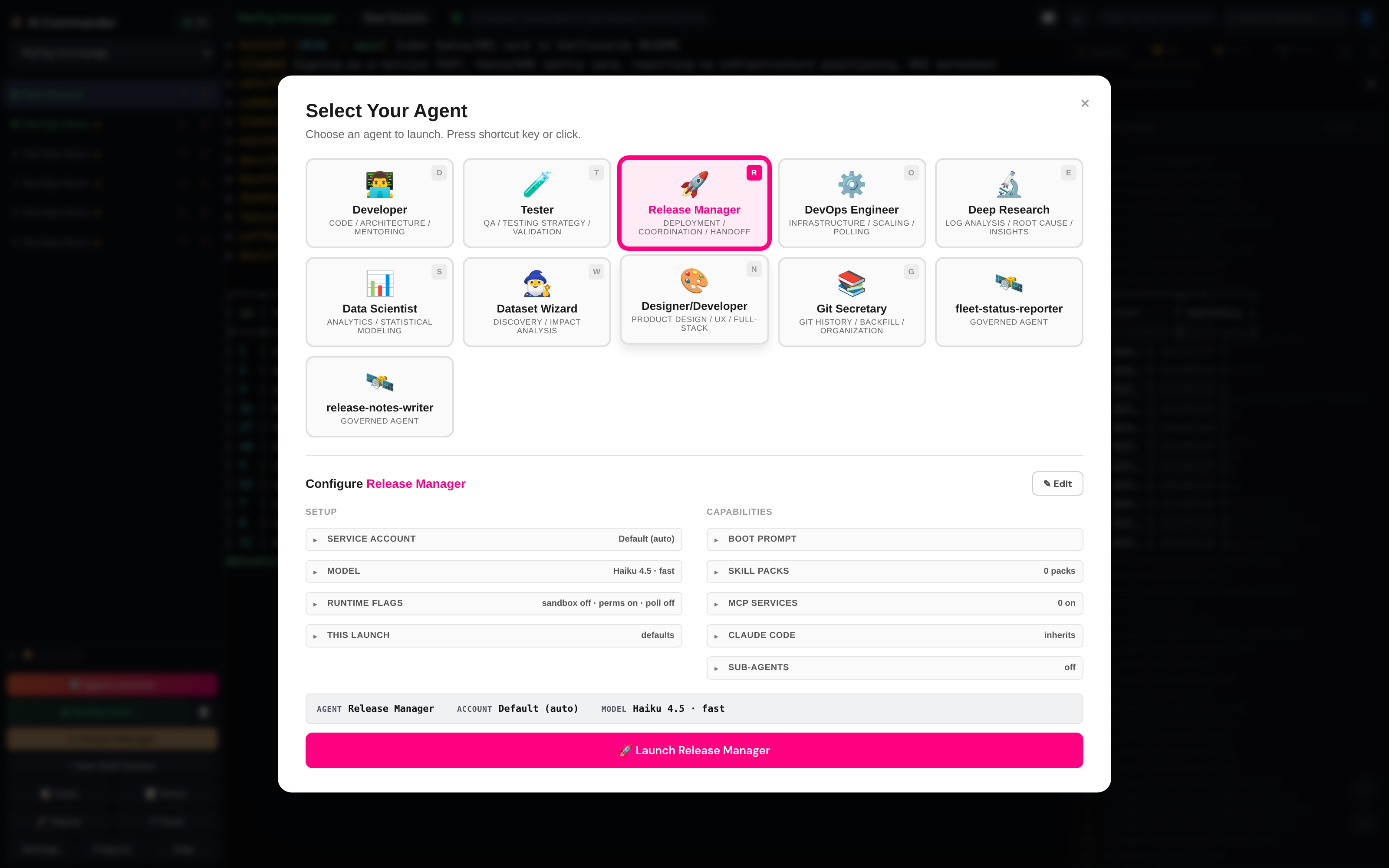 The Agent Launcher with the Release Manager persona selected, showing model, boot prompt, skill packs and MCP servers before launch.