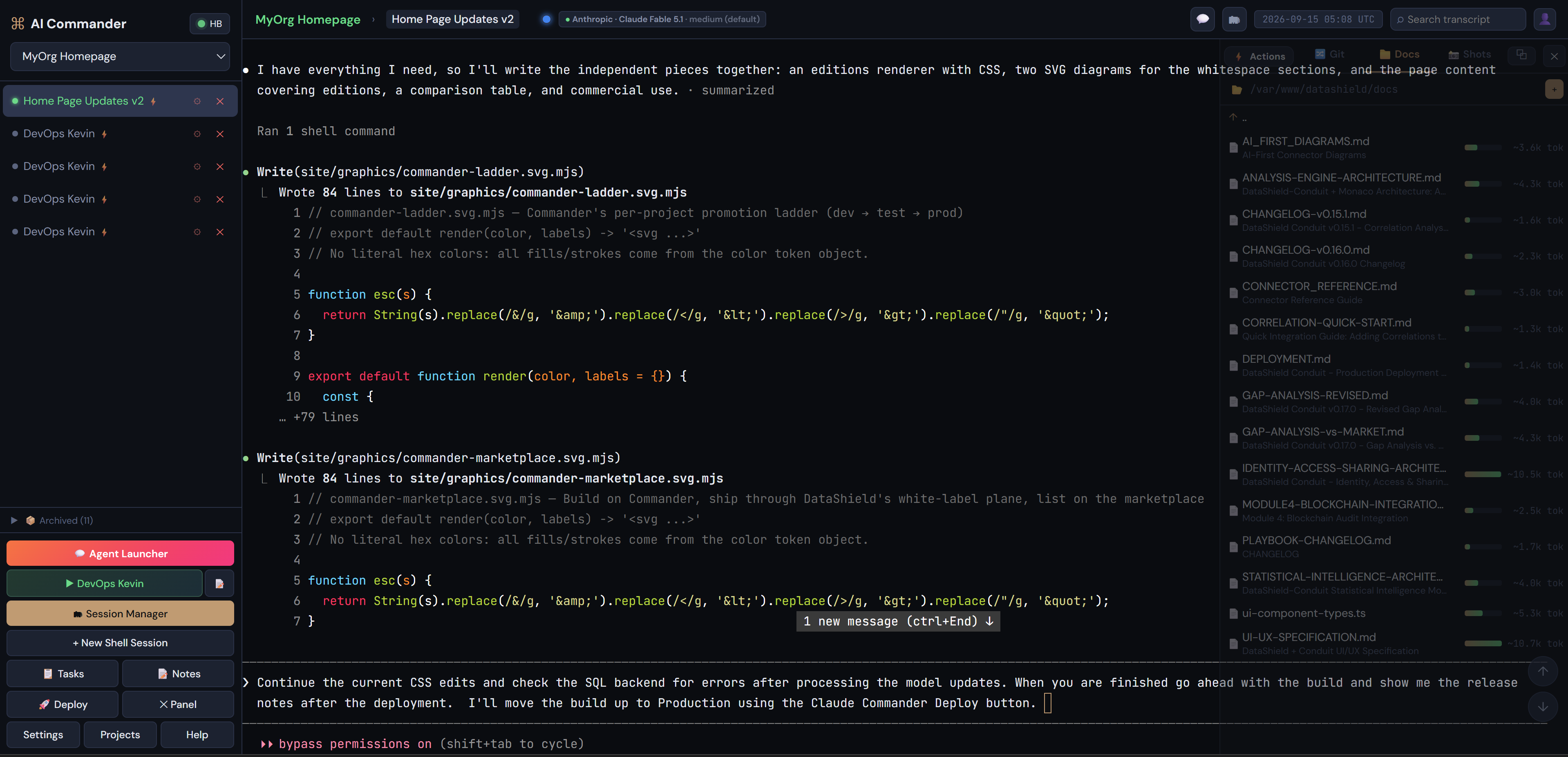Commander cockpit: a live Claude Code session writing site code in the terminal, the project's agent sessions listed on the left, and the project docs panel open on the right.