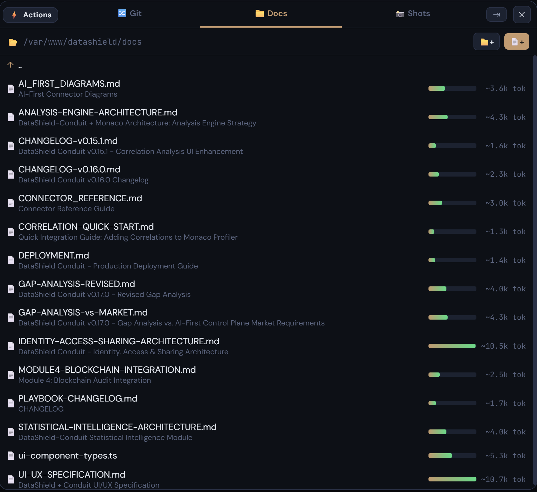 Commander docs panel beside a live Claude Code session: the project's markdown documentation listed with a one-line summary and a token count per file, so an agent loads only the docs it needs.