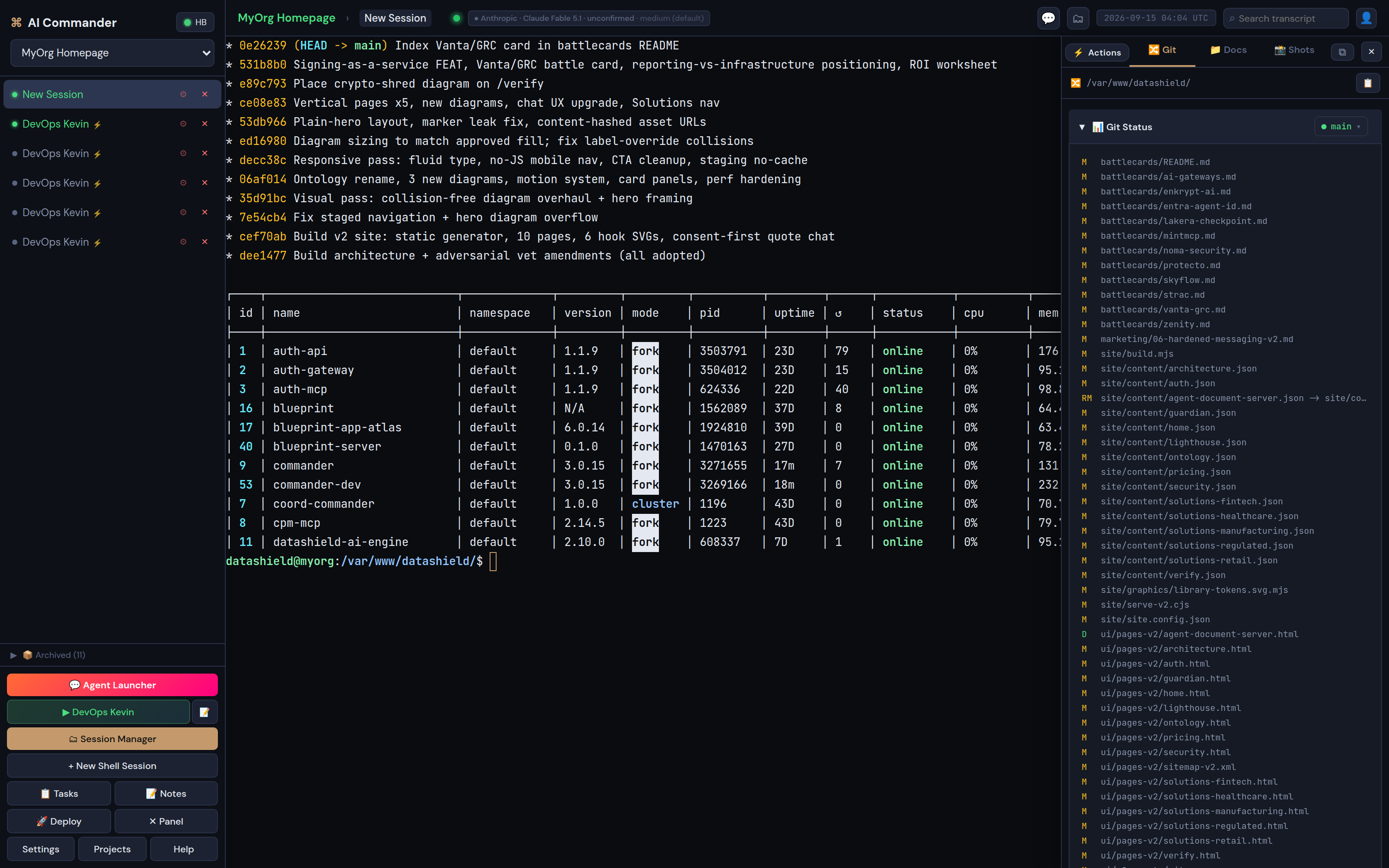 The Git Files panel beside a live terminal, showing working-tree status and changed files for the project.