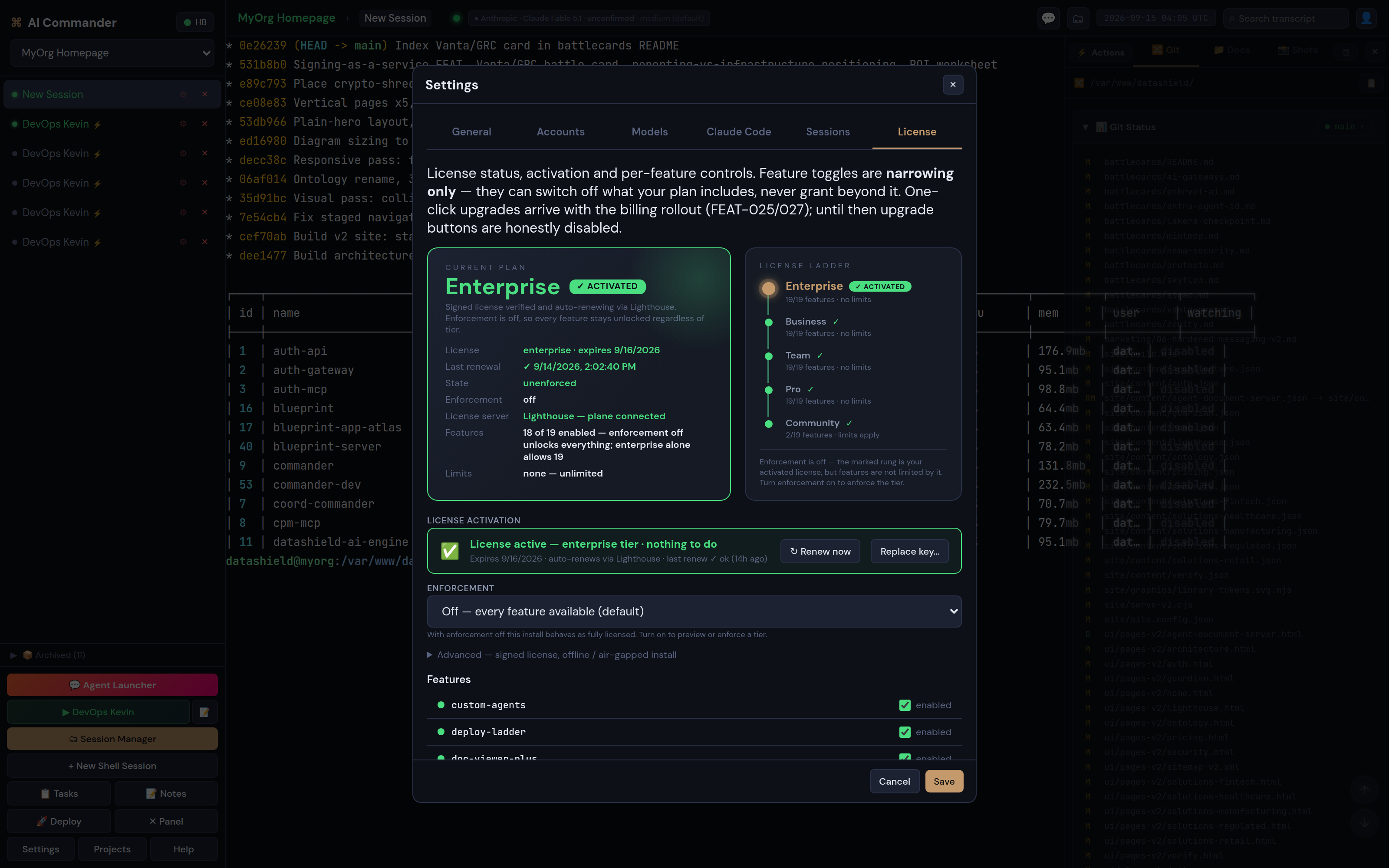 The License tab showing an active plan and per-feature toggles that can only narrow it.