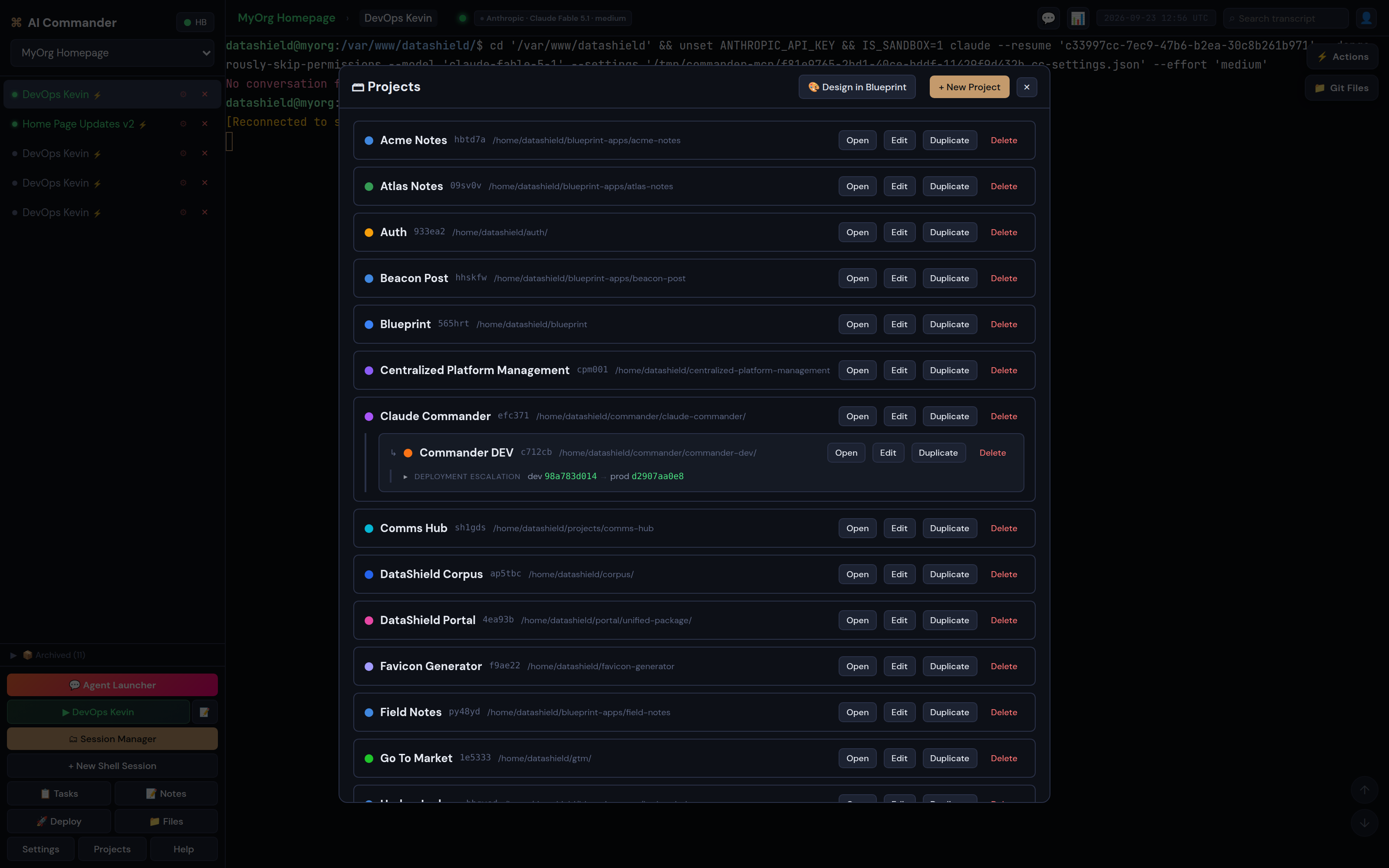 Claude Commander documentation screenshot: commander's Projects list with Open, Edit and Duplicate actions per project, a New Project button and a Design in Blueprint button.