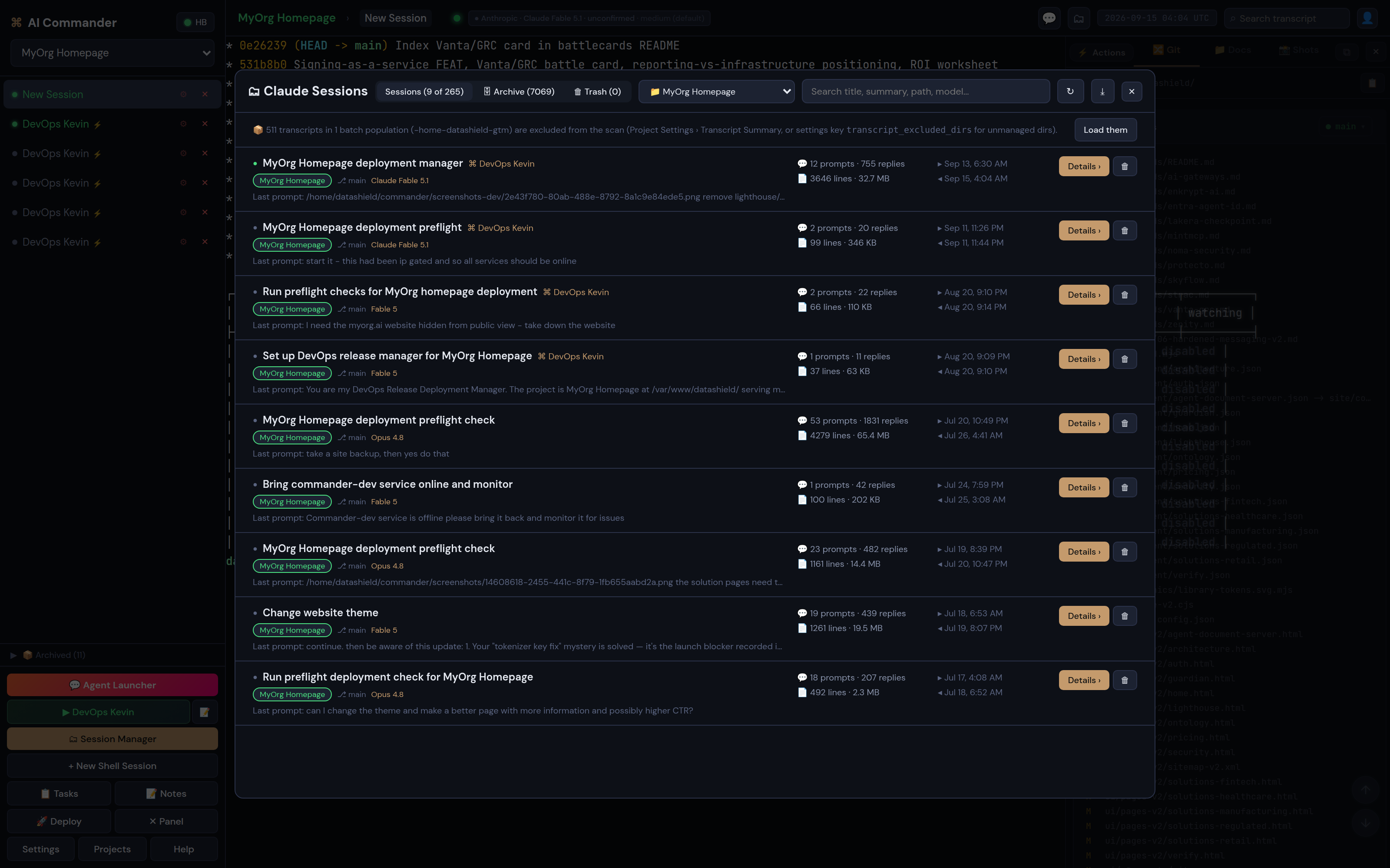 The Session Manager listing logged Claude sessions for a project with prompt counts and transcript sizes.